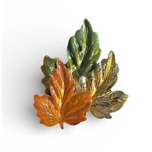 Vintage Autumn Leaf Brooch Gold Tone Orange Green Enamel Maple Leaves Statement